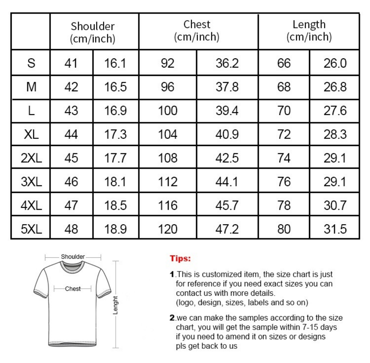 Tabela de tamanhos de camisetas de manga curta