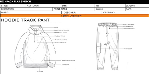 Technical apparel production sheet showing garment measurements and design specifications for custom clothing.