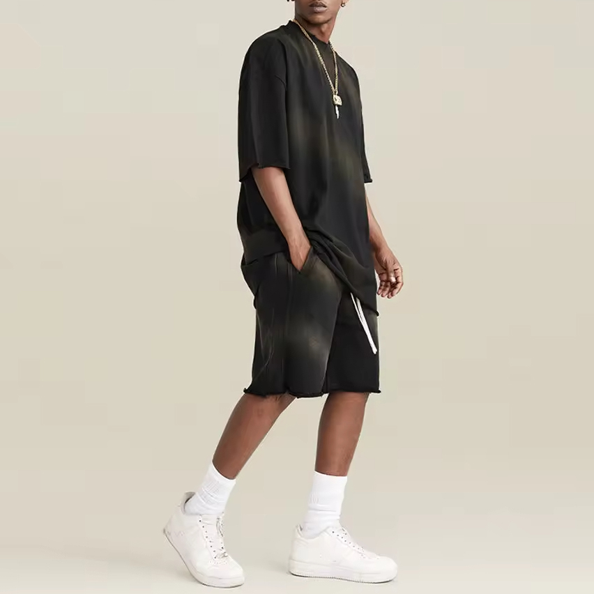 black sun faded washed men's streetwear set, loose fit short sleeve t-shirt and shorts, casual hip hop outfit