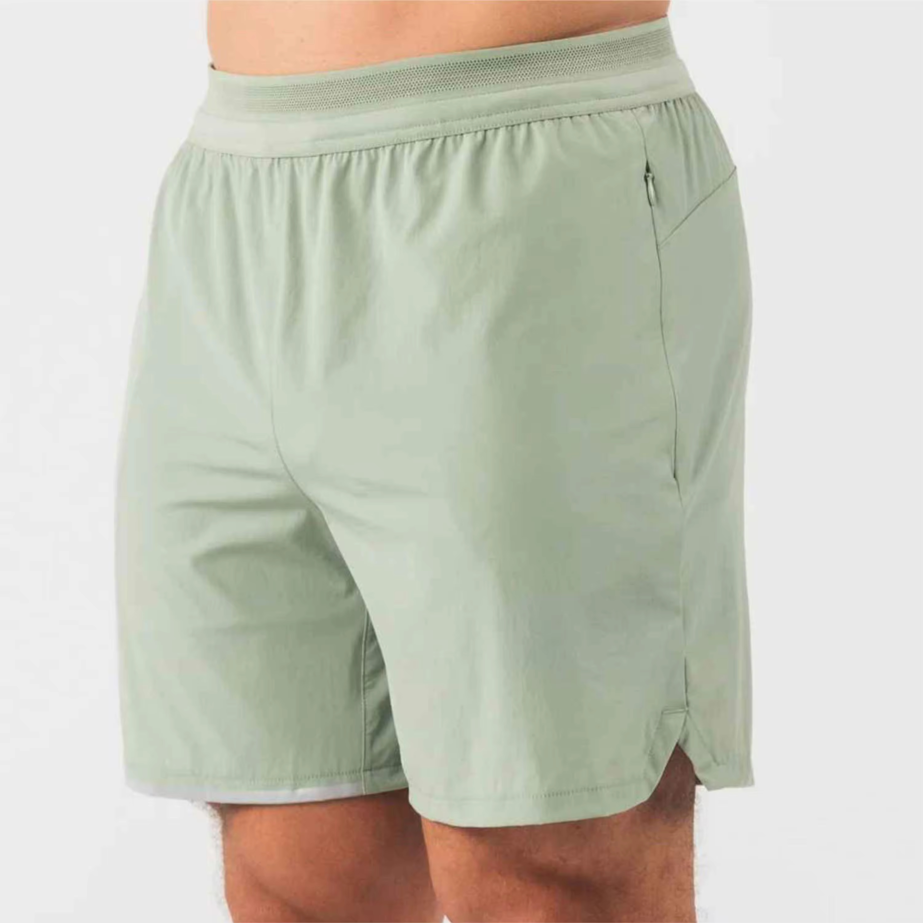 light green men's running shorts with zipper side pocket, lightweight breathable workout shorts for gym