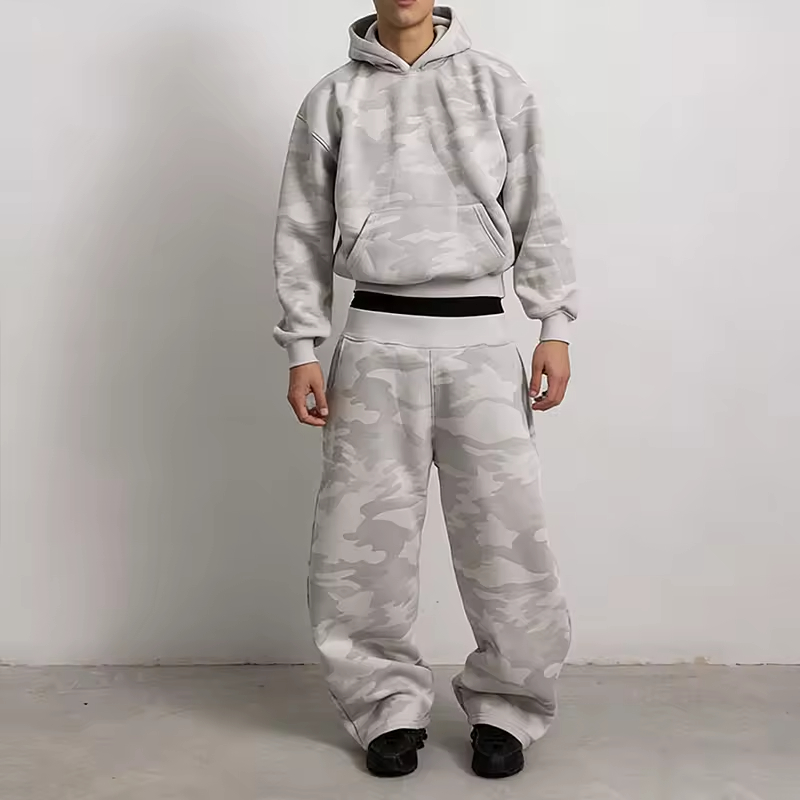 men's oversized light grey camo hoodie and baggy sweatpants set, streetwear matching tracksuit