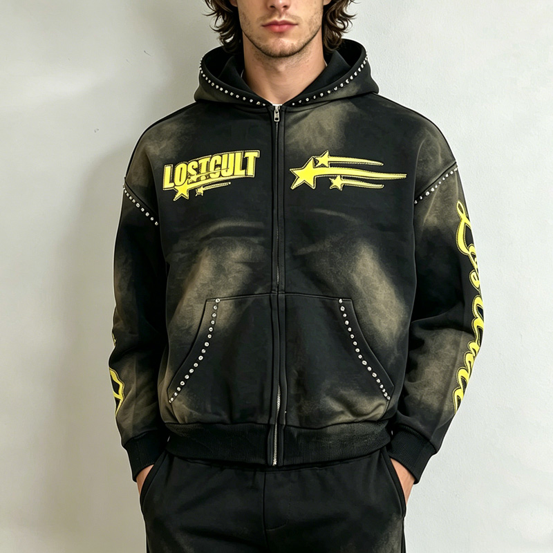 Men's cropped zip-up hoodie with sun-faded washed, yellow star prints, and studded rhinestone accents, custom streetwear