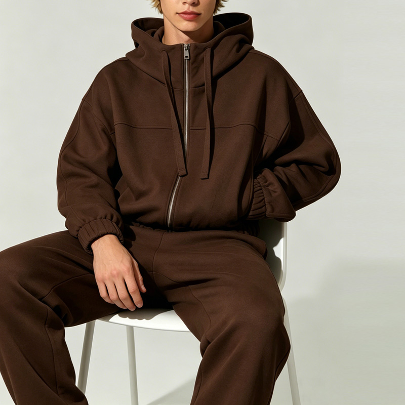Men's brown cropped zip-up hoodie tracksuit, oversized loungewear set with matching joggers, custom streetwear apparel