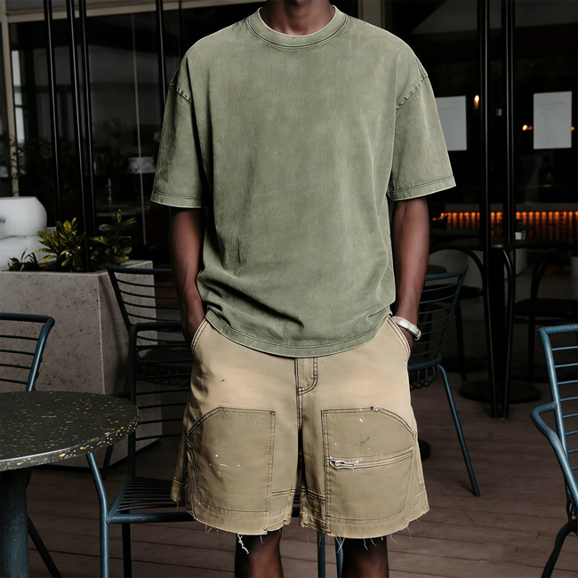 acid wash t shirt model front view full body standing, hands in pockets