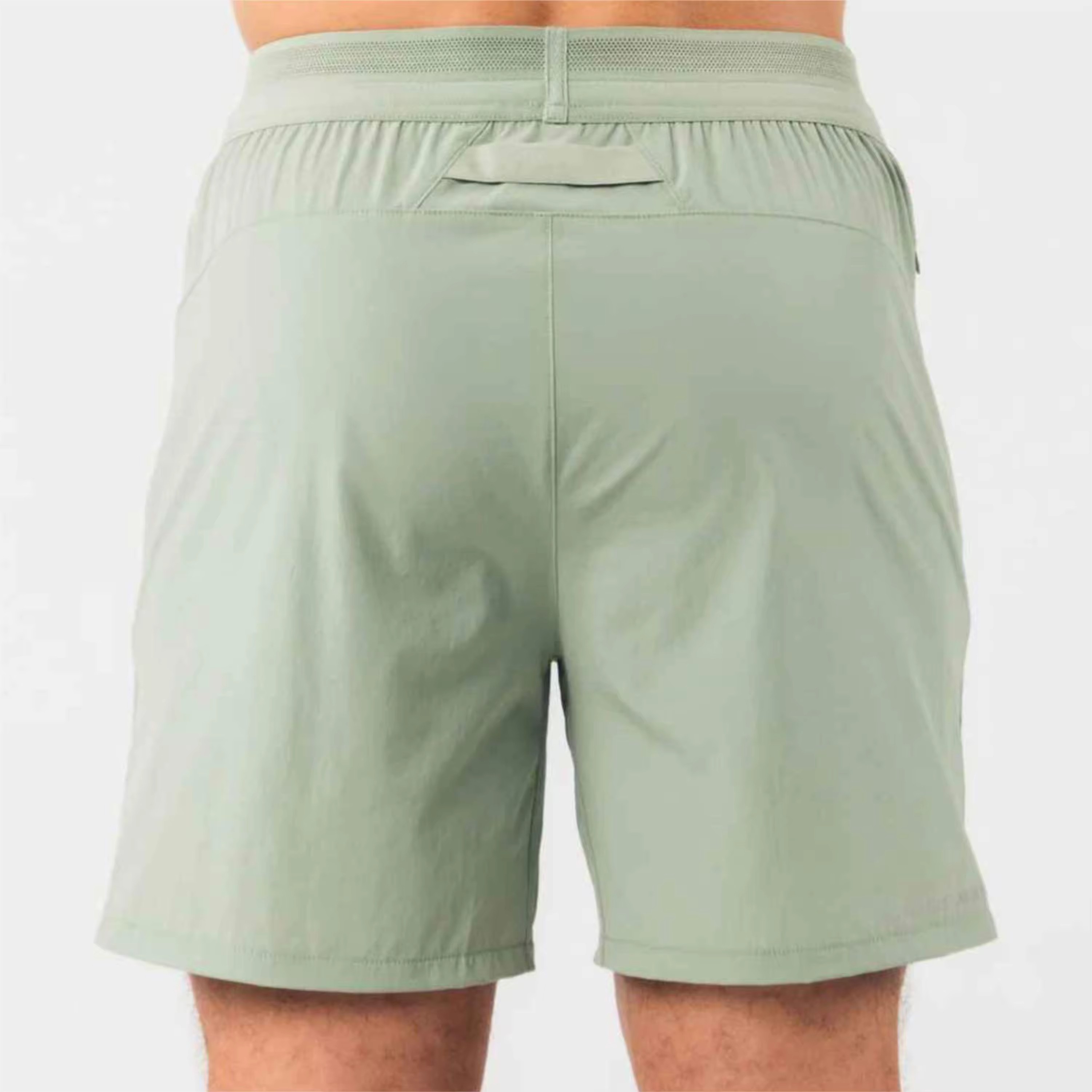 light green men's athletic shorts back view, with hidden zip pocket for running and training