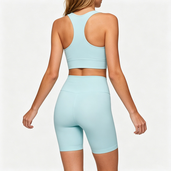 Back view of a woman walking naturally while wearing a light blue racerback sports bra and matching shorts.