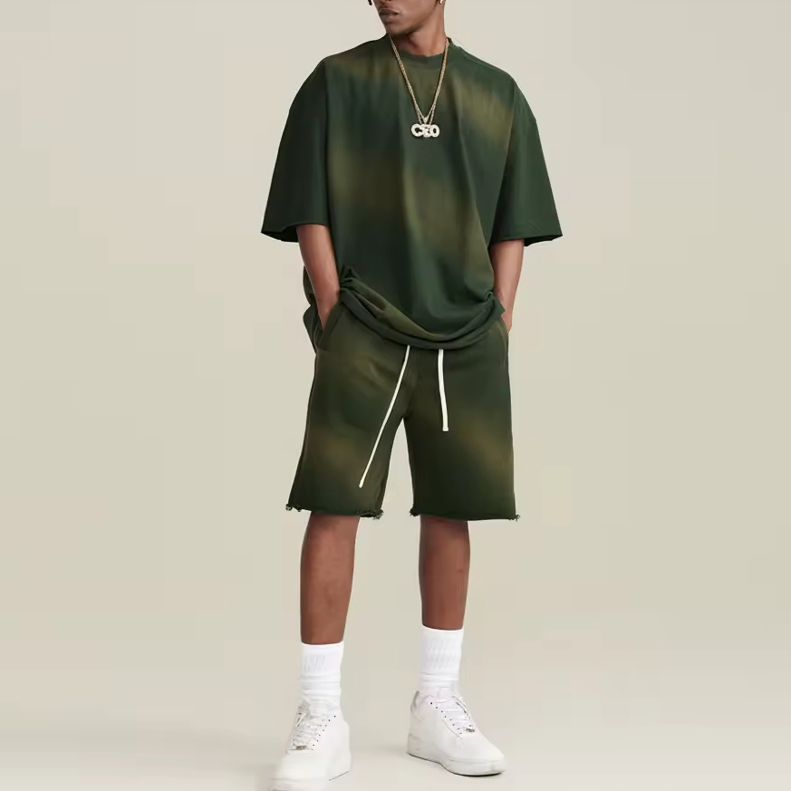 oversized sun faded washed green streetwear t-shirt and shorts set, men's casual matching outfit with white sneakers