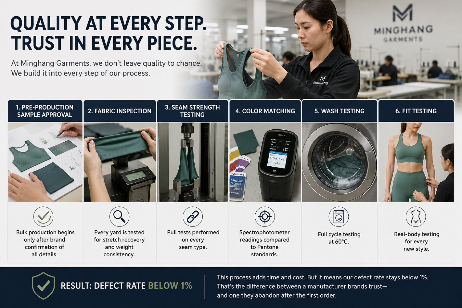Infographic showing the quality control process at Minghang Garments, including fabric inspection, seam strength testing, color matching, wash testing, and fit testing for activewear production.