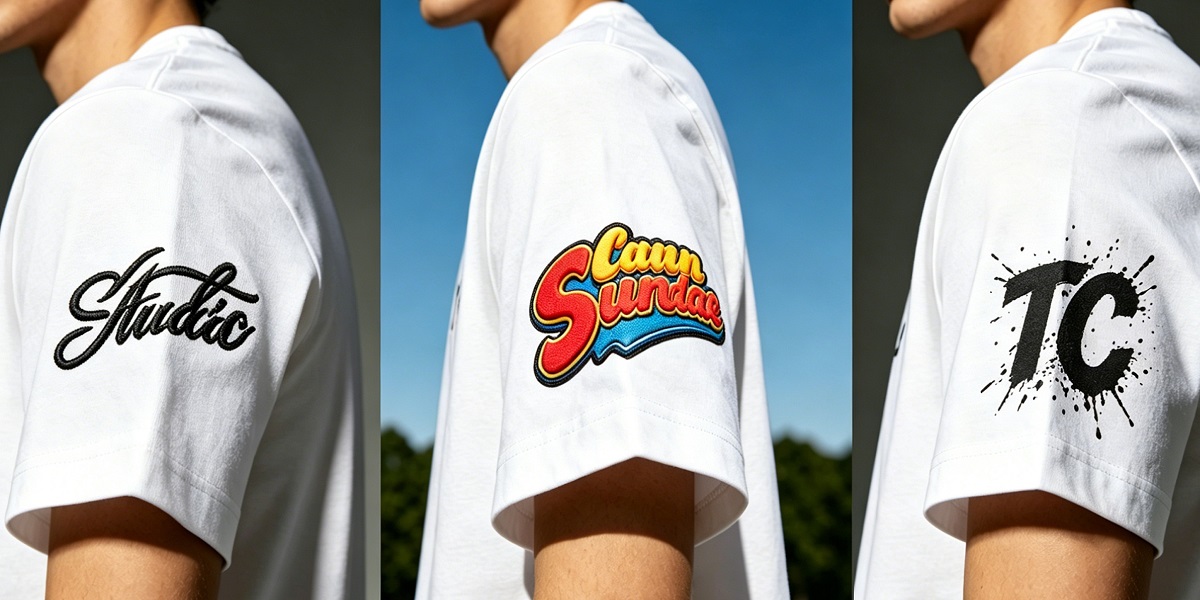 OEM custom T-shirt printing samples showcasing embroidery, heat transfer, and screen printing techniques for custom apparel logo