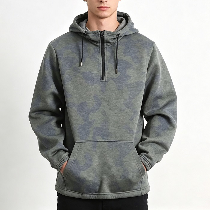 Men's green camo half-zip hoodie with kangaroo pocket, soft fleece pullover hoodie for casual streetwear, OEM custom apparel