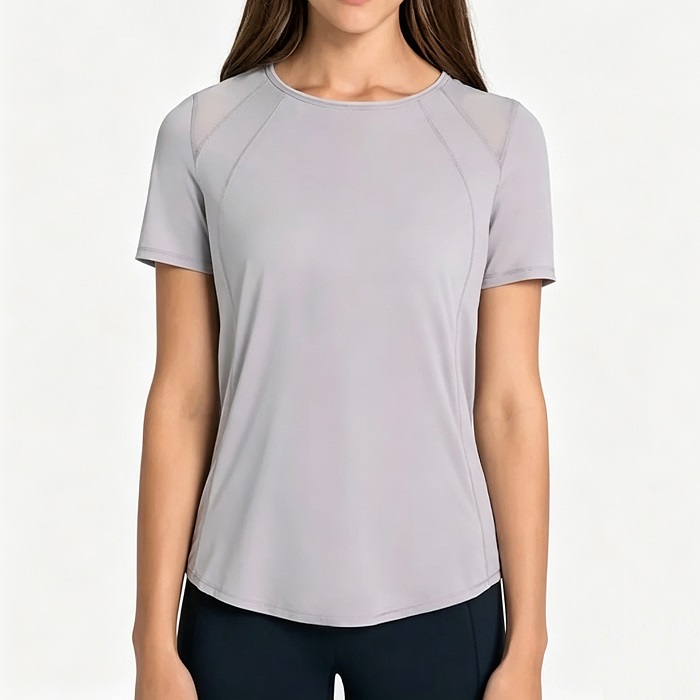 Women's light gray workout t-shirt with mesh shoulder panels, breathable quick-dry fabric, loose fit athletic top for yoga and gym, OEM custom activewear