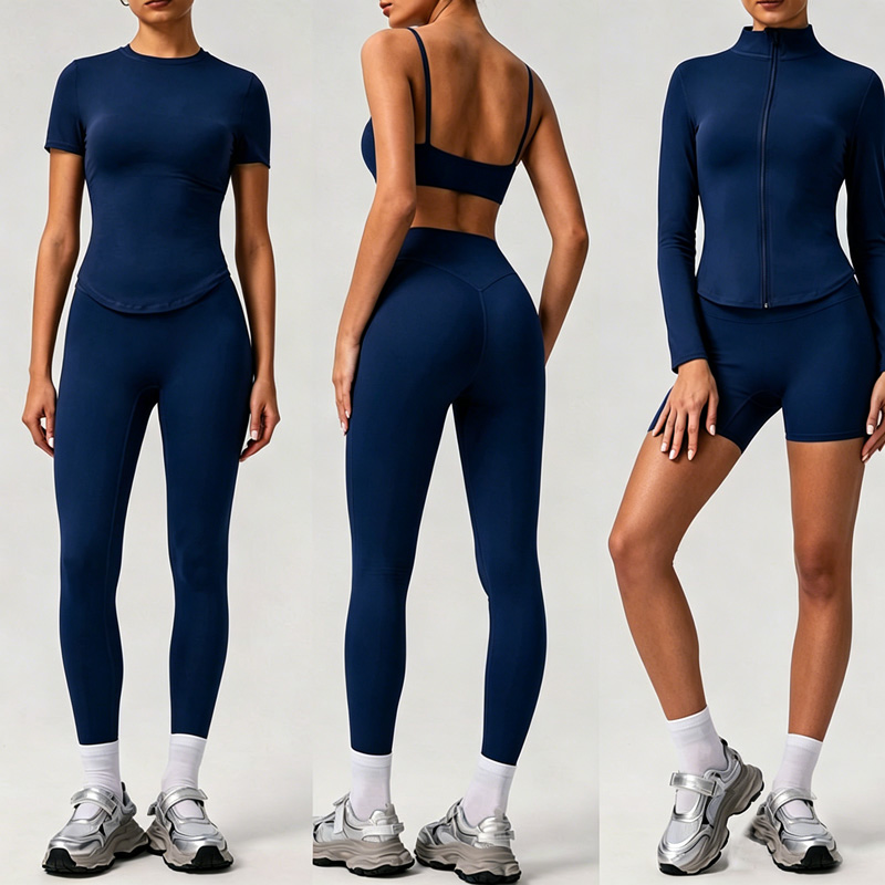 Women's navy blue activewear set collection, multi-style workout outfits including sports bra, leggings, shorts, t-shirt, and zip-up jacket