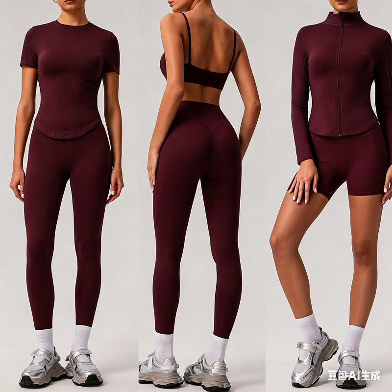 Women's maroon activewear set collection, multi-style workout outfits including short-sleeve top, leggings, sports bra, shorts, and zip-up jacket