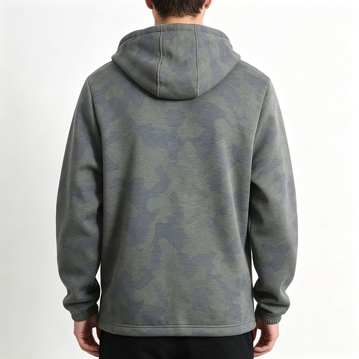 Back view of a men's camo print half-zip hoodie, relaxed fit streetwear pullover for OEM/ODM custom brand orders