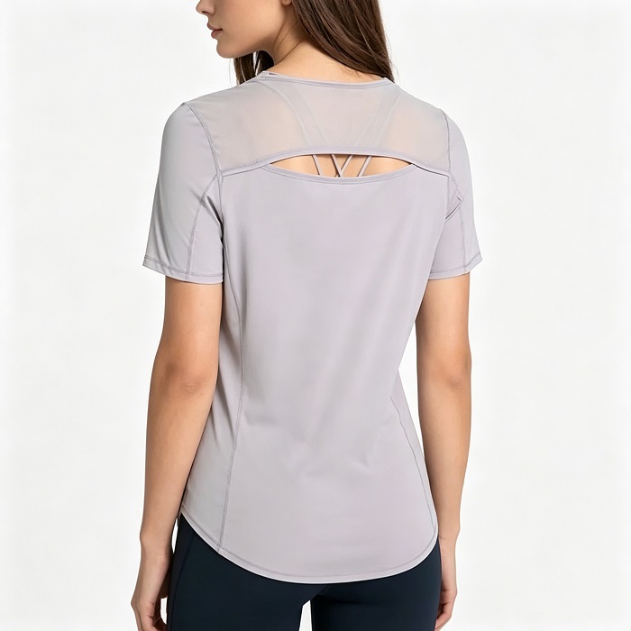 Back view of light gray workout t-shirt with open cutout and mesh upper back, moisture-wicking short sleeve athletic top, private label sportswear