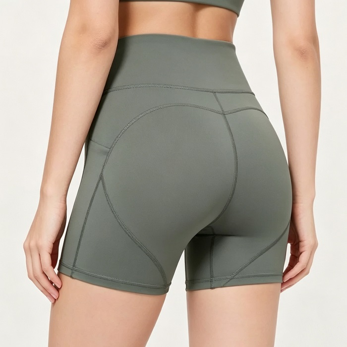 Back view of high-waisted biker shorts with butt-lifting contour design,athletic shorts for custom private label orders