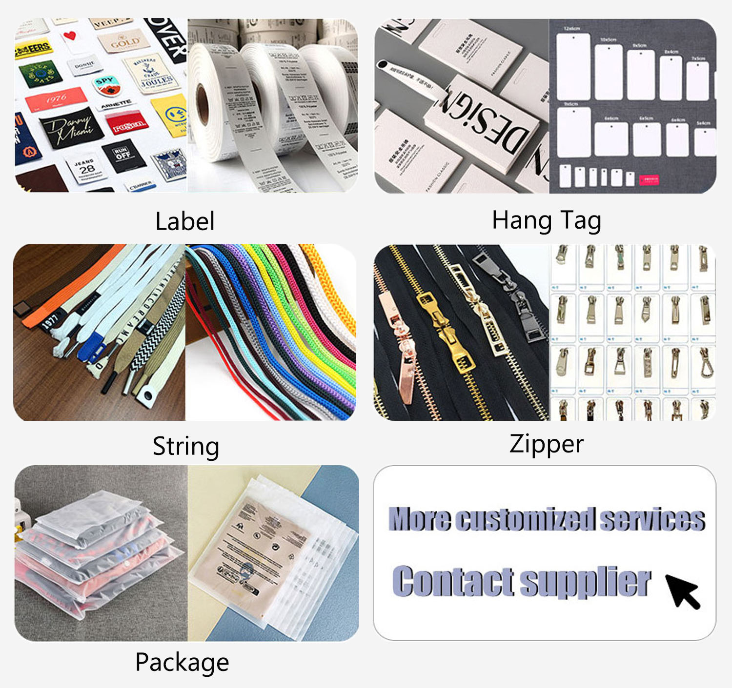 Private label customization services including woven labels, hang tags, zippers, drawstrings, and custom packaging for activewear and fitness apparel brands.