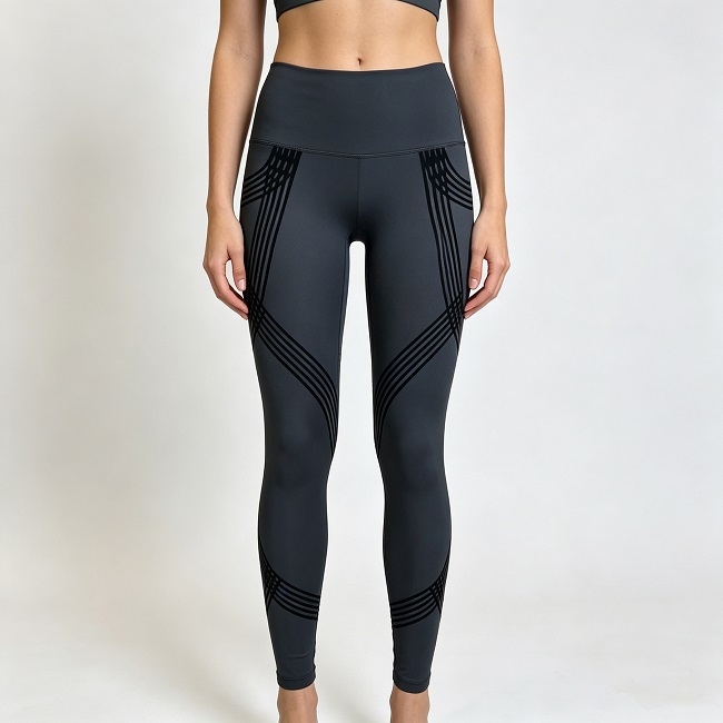 Women's body sculpt leggings with geometric contour lines, high-waisted compression fit, OEM custom activewear