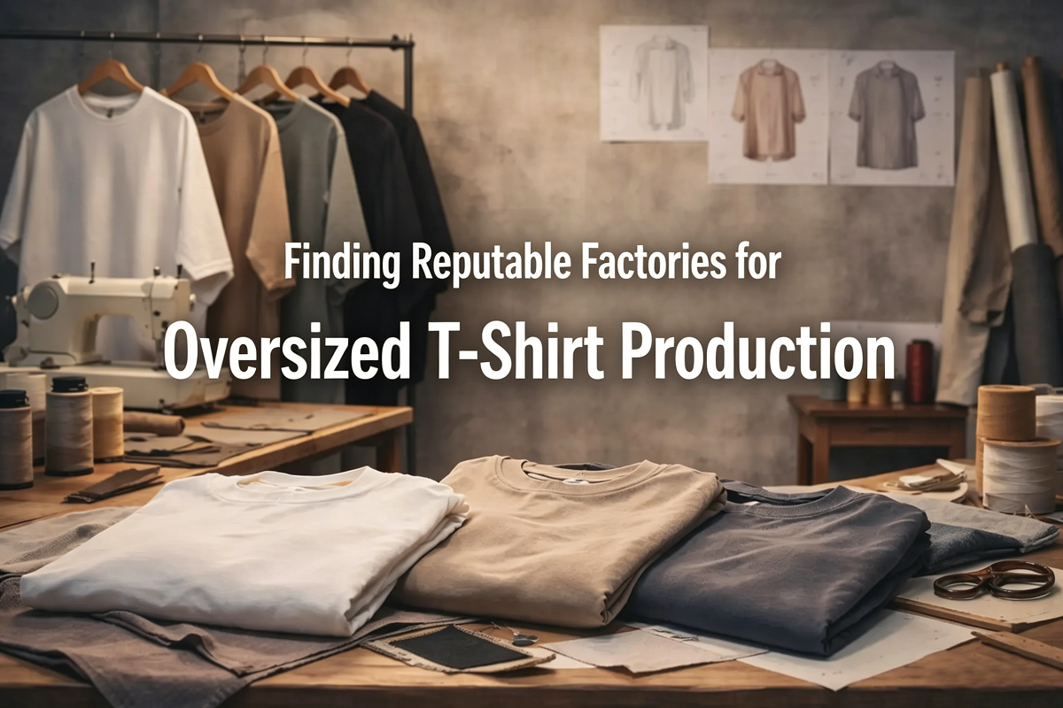 Oversized t-shirt factory workshop with blank tees, sewing machine, and design sketches, showing production process from an oversized t shirt manufacturer china