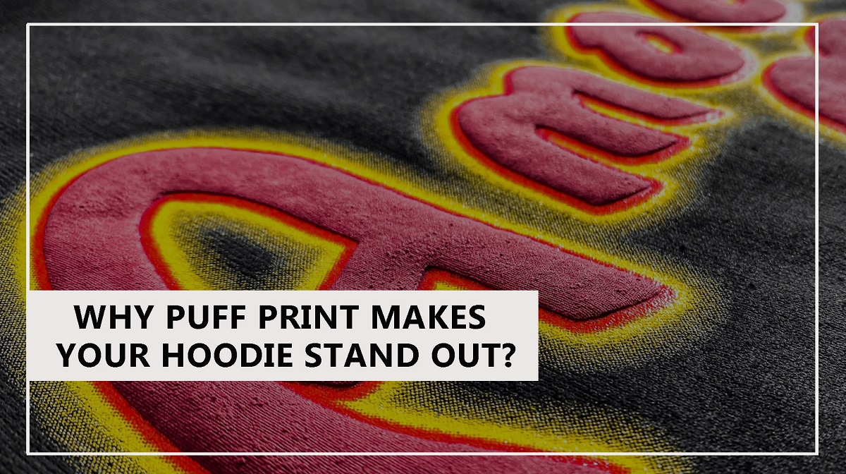 Why puff print makes your hoodie stand out? Close-up of 3D puff print on a black hoodie fabric, showcasing custom puff print details for brands