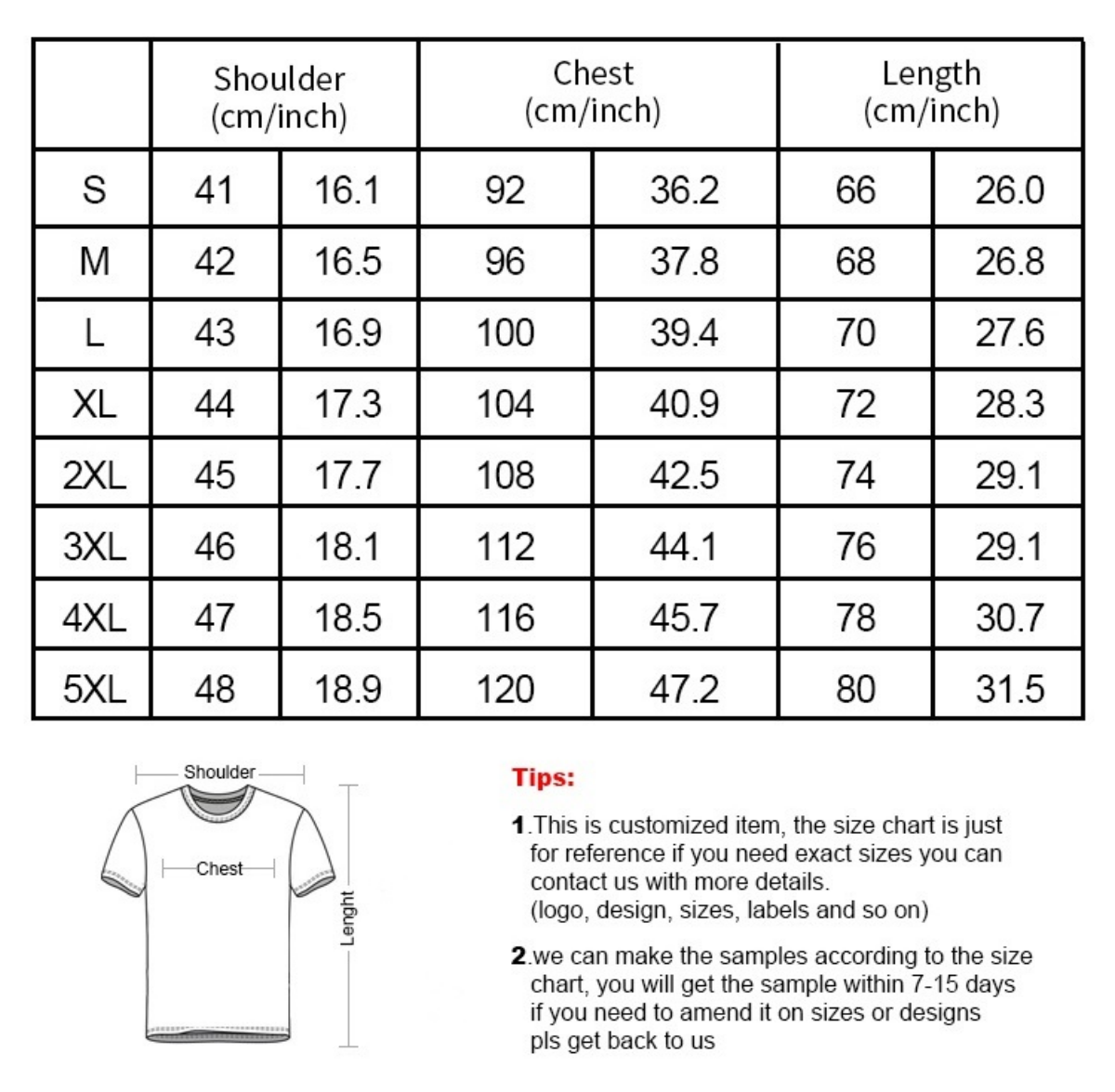 short sleeves tshirt size chart