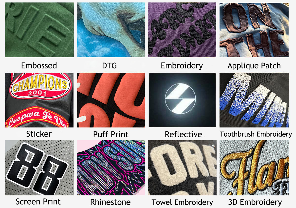 Custom sportswear logo options including embroidery, screen printing, puff print, reflective print, applique patches, and rhinestone decoration for private label apparel.